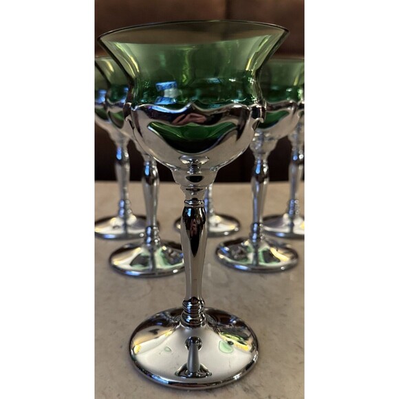 Farber Bros Krome Craft 1950s Art Deco Set6 Liquor Sherry Glasses Emerald Chrome - Picture 2 of 5